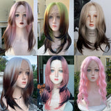 LANLAN Synthetic Pink Gradient Brown Front Lace Long Straight Wig Cosplay Everyday Party Lolita Lace Wig For Women