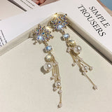 Korean Fashion Asymmetry Snowflake Crystal Drop Earrings For Women Long Pearl Tassel Pendientes Jewelry Gifts