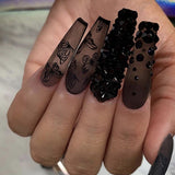 24pcs Printing Nails Patch Mid Length Coffin Detachable Halloween Style Press on Nails Coffin Fake Nails Art DIY Manicure Tool