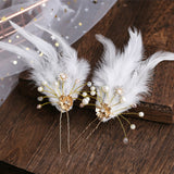 Mtcytea  2 Pcs Bride Hairpin Feather Baroque Golden color Hairpins Pearl Jewelry Wedding Hair Accessories Girl's Hair Ornaments