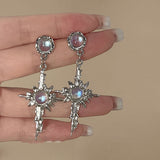 Irregular Liquid Metal Cross Moonstone Dangle Earrings Young Girl Trend Metal Cross Moonstone Drops Earrings Jewelry Wholesale