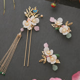 FORSEVEN Chinese Hair Accessories Women Flower Pearls Hairpins Long Tassel Headpieces Sticks Hair Comb Bridal Jewelry Sets