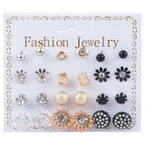 New Fashion Women 9pair/set Flower Pearl Alloy Ear Earring Cute Crystal Wedding Jewelry Gifts For Girl korean fashion