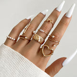 Mtcytea Punk Rings Set For Women Boho Knuckle Pearl Heart Ring Female Bohemian Flower Metal Joint Ring Jewelry Accessories 10PCS