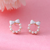 New Korean Elegant Trendy Round Crystal Wreath Bow Stud Earrings for Women Imitation Pearls Jewelry Oorbellen Gift