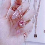 Korean Fashion Tulip Pink Crystal Pendant Necklace for Women Fashion Jewelry Golden Necklace Luxury Classic Amethyst Necklace