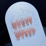 Mtcytea 24PCS Full Finished 3D Flower Carved Fake nails Long Coffin Ballet Press on Nails Nude Color Flower Design Girl Lady Nail Art