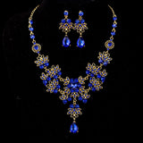 Mtcytea 3PCS Baroque Vintage Red Blue Crystal Bridal Jewelry Sets Rhinestone Tiaras Crown Necklace Earrings Set Wedding Accessory