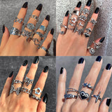 Punk Gothic Heart Ring Set for Women Black Dice Vintage Spades Ace Silver Plated Retro Rhinestone Charm Billiards Finger Jewelry