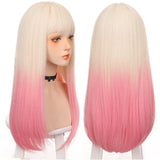 Long straight hair wig synthetic pink bangs Cosplay wig ladies synthetic bangs wig