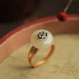 LIVVY Ancient Method Inlaid Natural Stone Chinese Enamel Lotus Peace Clasp Opening Ring For Women Girls Temperament Fine Jewelry