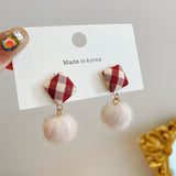 Autumn Winter Christmas Ear Jewelry Cute Lattice Cloth Khaki Hairball Statement Drop Earrings For Women Korean Party Earrings