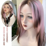 LANLAN Synthetic Pink Gradient Brown Front Lace Long Straight Wig Cosplay Everyday Party Lolita Lace Wig For Women