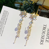 Korean Fashion Asymmetry Snowflake Crystal Drop Earrings For Women Long Pearl Tassel Pendientes Jewelry Gifts