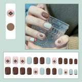 Mtcytea  24Pcs Fashion Short Round Head Fake press on Nail Cute MilkTea Color Shiny Gold Foil Blooming Gradient artificial nail with glue