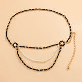 Mtcytea Trendy Elegant Simulated Pearls Belly Chains for Waist Women Jewelry Black Leather Temperament Body Chain Retro Accessories