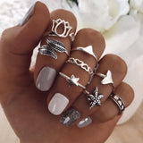 Bohemian Gold Color Chain Rings Set For Women Fashion Boho Moon Heart Butterfly Zircon Rings Party Trend Jewelry Gift