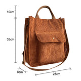 Mtcytea Corduroy Shoulder Bag Women Vintage Shopping Bags Zipper Girls Student Bookbag Handbags Casual Tote With Outside Pocket