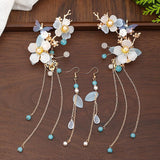 FORSEVEN Chinese Hair Accessories Women Flower Pearls Hairpins Long Tassel Headpieces Sticks Hair Comb Bridal Jewelry Sets