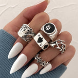 Punk Gothic Heart Ring Set for Women Black Dice Vintage Spades Ace Silver Plated Retro Rhinestone Charm Billiards Finger Jewelry