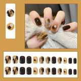 Mtcytea  24Pcs Fashion Short Round Head Fake press on Nail Cute MilkTea Color Shiny Gold Foil Blooming Gradient artificial nail with glue