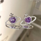 Korean Fashion Purple Heart Crystal Stud Earrings For Women Elegant Planet Rhinestone Boucle D'oreille Jewelry Gifts