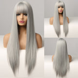 Cosplay Silver Gray Wig for Women Natural Long Silk Straight Hair Wigs With Bangs For Women Girl Heat Resistant Fiber