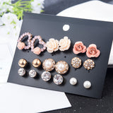 New Fashion Women 9pair/set Flower Pearl Alloy Ear Earring Cute Crystal Wedding Jewelry Gifts For Girl korean fashion