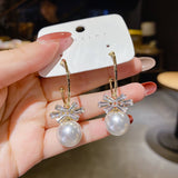 Fashion Trend Crystal Zircon Bow Pendant Earrings For Women Party Girl Imitation Pearl Dangle Earrings Luxury Wholesale Jewelry