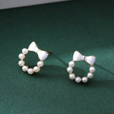 New Korean Elegant Trendy Round Crystal Wreath Bow Stud Earrings for Women Imitation Pearls Jewelry Oorbellen Gift