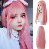 Long straight hair wig synthetic pink bangs Cosplay wig ladies synthetic bangs wig