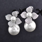 SINLEERY Vintage Double Pearl Crystal Flower Stud Earrings Gray Champagne Pearl Earring Bridal Wedding Party Jewelry ZD1 SSF