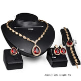 Women's Jewelry Set Wedding Party Water drop Red CZ Crystal Necklace Earrings Bracelet Ring Indian Gold Plated Jewelry Set