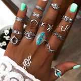 Bohemian Gold Color Chain Rings Set For Women Fashion Boho Moon Heart Butterfly Zircon Rings Party Trend Jewelry Gift