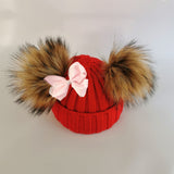 Mtcytea kids winter toddler baby kids faux fur butterfly ribbon tie hat cap beanie with 2 two double pom poms scarf ears hat for girl