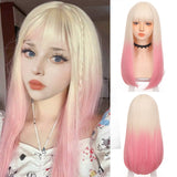 Long straight hair wig synthetic pink bangs Cosplay wig ladies synthetic bangs wig