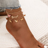 Mtcytea Bohemia Gold Color Chain Ankle Bracelet On Leg Foot Jewelry Boho Beads Key Butterfly Charm Anklet Set For Women Accessories