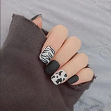 Mtcytea 24PCS/box Fashionable Blue and Graffiti Pattern Wearable Fake Nails press on Short oval Head Lady Full Cover Finished Fingernail