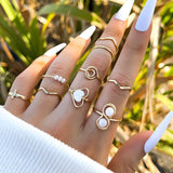 Mtcytea Punk Rings Set For Women Boho Knuckle Pearl Heart Ring Female Bohemian Flower Metal Joint Ring Jewelry Accessories 10PCS