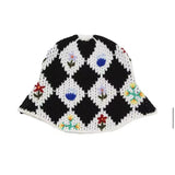 New Hand Woven Crochet Flower Bucket Hats Women Autumn Cotton Yarn Soft Fisherman Hat Lady Plaid Color Matching Beach Hats