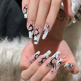 24pcs Printing Nails Patch Mid Length Coffin Detachable Halloween Style Press on Nails Coffin Fake Nails Art DIY Manicure Tool