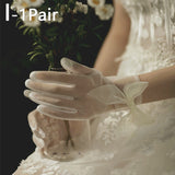 Short White Wedding Bride Gloves Sweet Lace Imitation Pearls Bowknot Gloves Women Girls Black Party Dress Clothing Accessories