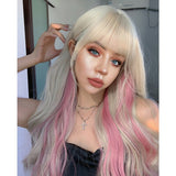 Lolita White Gold Highlight Pink Synthetic Big Wave Wig With Air Bangs Women's Cosplay Natural Heat Resistant Wig.