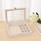 Velvet Gray Carrying Case with Glass Cover Jewelry Ring Display Box Tray Holder Storage Box Organizer Earrings Ring Bracelet