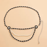 Mtcytea Trendy Elegant Simulated Pearls Belly Chains for Waist Women Jewelry Black Leather Temperament Body Chain Retro Accessories