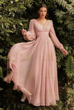 Pink Prom Dress Long Sleeves Chiffon V Neck A Line Empire Waist Floor Length Pleats Evening Party Gown Elegant Custom Made