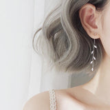 Long Silver Plated Crystal Leaf Tassel Drop Earrings For Women Wedding Fashion Jewelry Gift