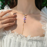 New Purple Pearl Butterfly Flower Zircon Tassel Necklace Personality Fashion Clavicle Chain Wedding Jewelry Birthday Gift