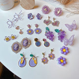 Unique Design Purple Flowers Butterfly Drop Earrings for Women Sweet Fairy Mystery Shiny Crystal Resin Yarn Earring Jewelry