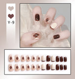 Mtcytea  24Pcs Fashion Short Round Head Fake press on Nail Cute MilkTea Color Shiny Gold Foil Blooming Gradient artificial nail with glue